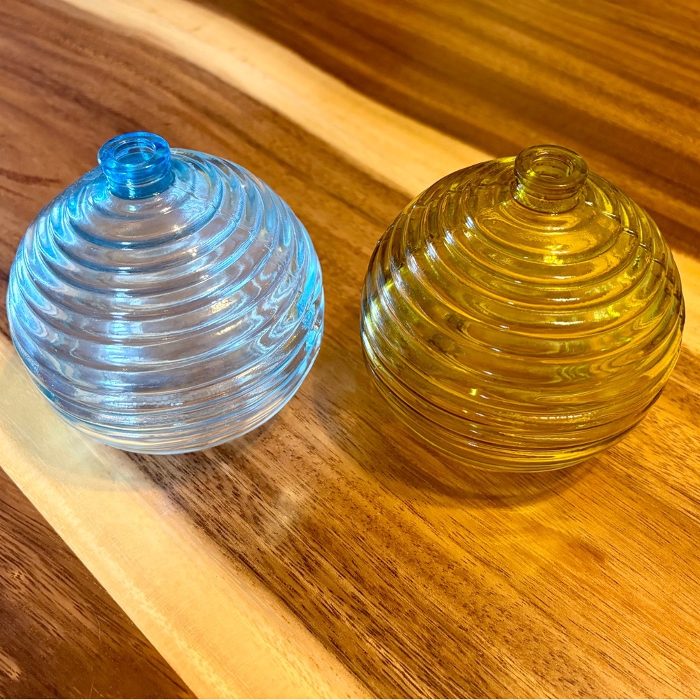 Set of Blue and Yellow Ribbed Glass Vases